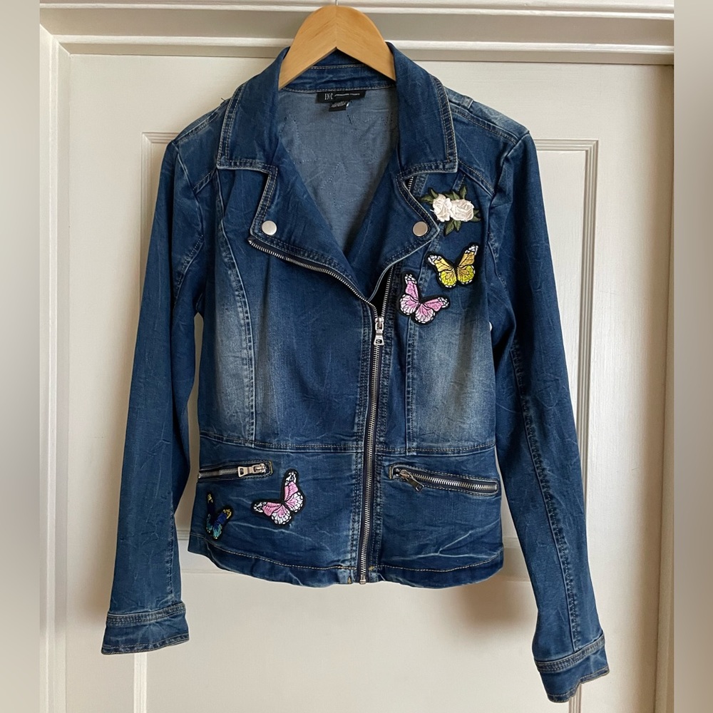 INC Denim Motorcycle Jacket with Butterfly Appliqués, Medium